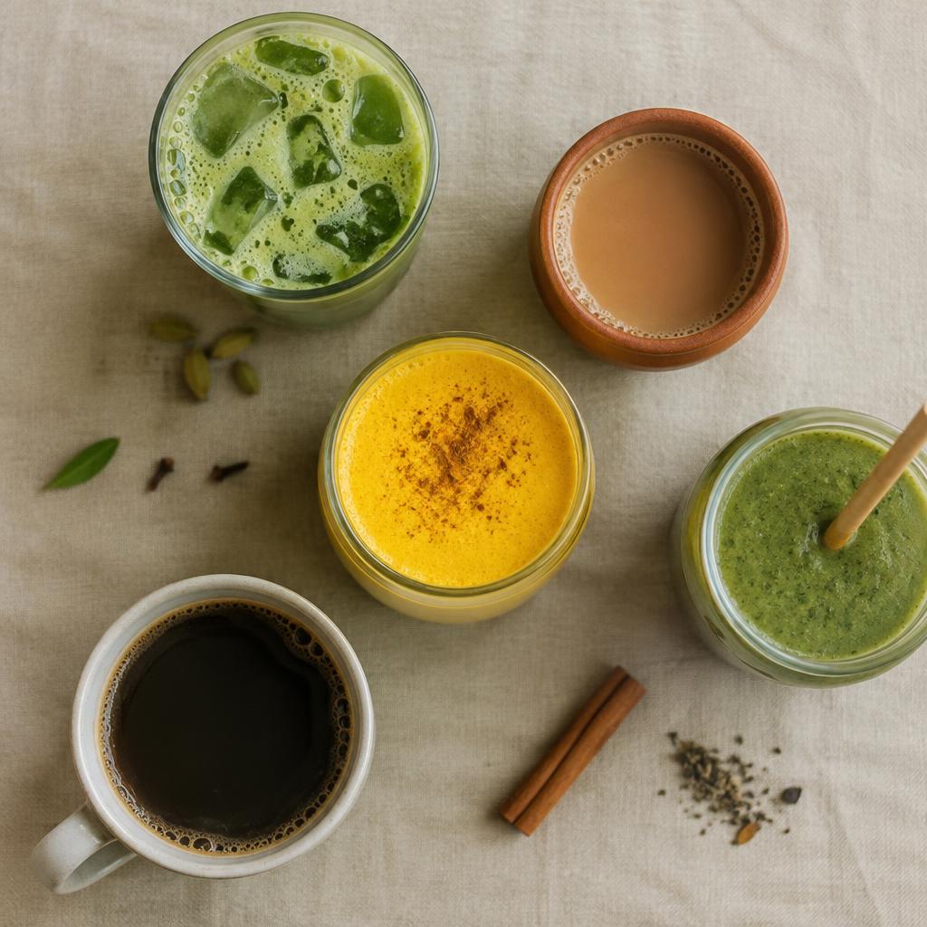 Organic coffee and plant-based drinks on a sunlit GreenLeaf Café table