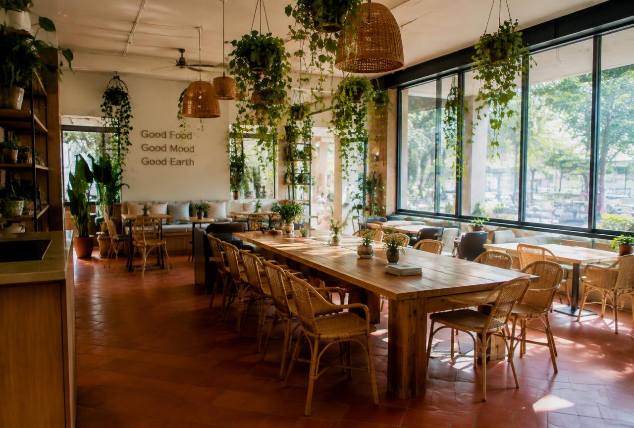 Plant-filled GreenLeaf Café interior with cosy tables