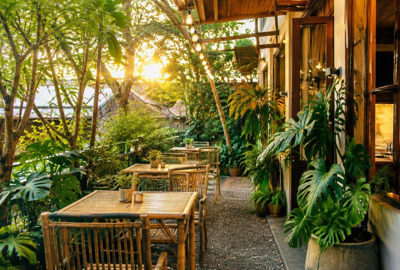 Garden terrace with bamboo tables and string lights