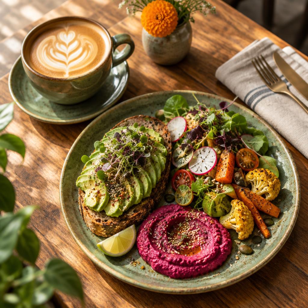 Organic latte and colourful plant-based GreenLeaf Café plate