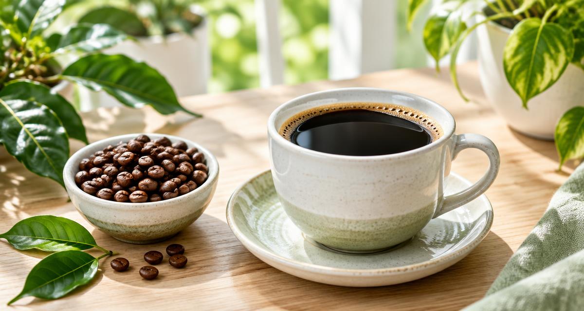A cup of organic black coffee and coffee beans on a leafy GreenLeaf Café table